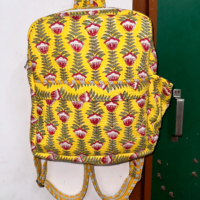 Tas Ransel Besar Bermotif Bunga 100% Katun Berlapis, Tali Bahu Melengkung, Tas Laptop Vintage Portabel untuk Pelajar, Penutup Ritsleting
