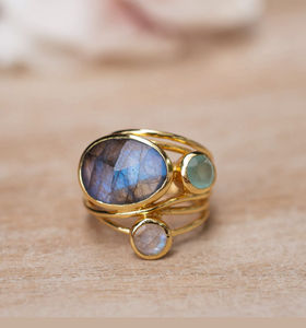 Bague de fiançailles en argent sterling 925 plaquée or, sertie de pierres naturelles de labradorite, de pierre de lune et de calcédoine pour mariage - Product Image 1