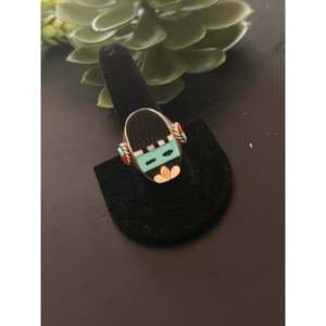 Zuni Handmade Turquoise Multi-Stone Sterling <b>Silver</b> Inlaid <b>Ring</b> Size 9.75 Opal Platinum for Everyday Wear <b>Statement</b> Geometry - Product Image 4