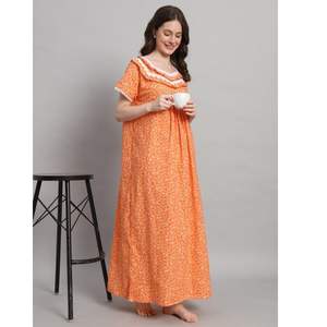 Camisón de Encaje 100% Algodón para Mujer, Manga Media, Largo Completo, Tejido Transpirable, Cuello Redondo, Liso, Elegante, Primavera, Otoño, Verano - Product Image 1