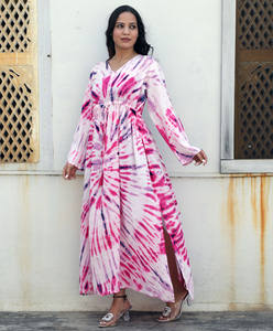 Vestido de caftán largo con tinte de corbata para mujer, vibrante y colorido, con mangas largas, cintura alta, suelto, talla Regular, vestido de caftán largo para mujer - Product Image 4