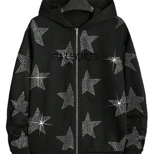 Sweat à capuche unisexe de haute qualité 100% coton molletonné style streetwear hip hop personnalisé avec strass coupe régulière automne - Product Image 4