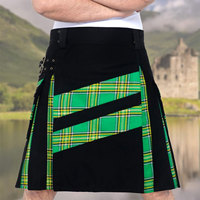 Kilt écossais utilitaire pour homme, moderne, hybride, en coton noir, motif tartan vert irlandais à bandes croisées, personnalisé, vente en gros