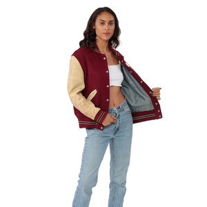 Women Crop <b>Varsity</b> <b>Jacket</b> 2025 Custom Color Breathable Wool/Polyester Stand Collar Custom Logo OEM Service <b>Plain</b> Dyed Nylon - Product Image 5