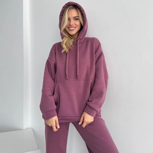Ensemble de survêtement en molleton de polyester de haute qualité pour femmes, sweat-shirt à col rond et pantalon de survêtement, uni, personnalisable, pull-over - Product Image 1