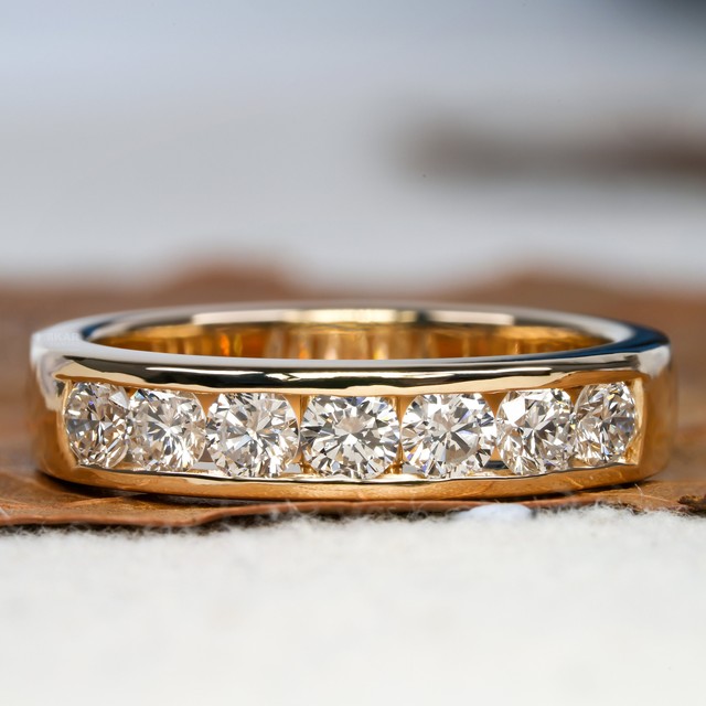 Channel Set Round Brilliant Cut Diamond Wedding Band Seven Stones Lab Grown Diamond Half Eternity Diamond Band For Bridal Set