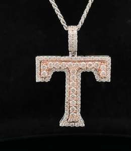 14k bicolore rose et or blanc et diamant T Initial Pendentif Moissanite Diamant Hip Hop Bijoux Iced Out Collier Cadeau d'anniversaire - Product Image 1