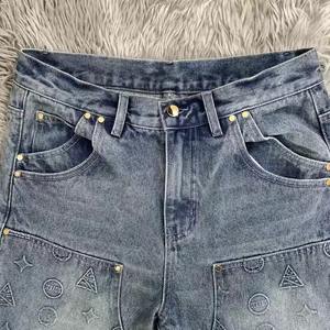 Short en denim vieilli délavé à l'acide pour hommes logo de sérigraphie personnaliséJean déchiré de haute qualité - Product Image 4