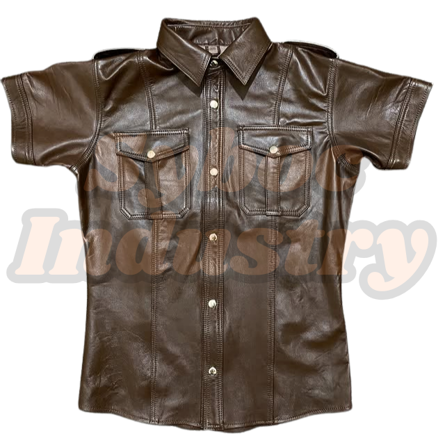 Brown Leather Shirt For Adult Real Soft Sheep Leather Half Sleeve
