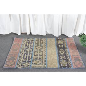 Alfombra de lana azul y beige bohemia de área grande, 2.5x3.6ft, diseño de retazos hecho a mano turco clásico, Alfombra de látex para habitación de pasillo - Product Image 3