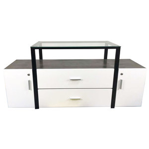 Modern Contemporary Rubber Wood TV Stand with Glass Top KTV68052 for Living Room or Farmhouse TV <b>Table</b> or <b>Console</b> - Product Image 1