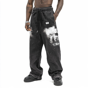 Pantalon de survêtement Hip Hop pour homme, coupe ample, jambe droite, vintage, imprimé en sérigraphie, streetwear, pantalon de jogging, pattes d'éléphant, poids lourd 500GSM - Product Image 1