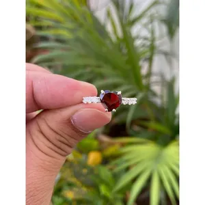 925 <b>Silver</b> Natural <b>Garnet</b> Heart <b>Ring</b> Trendy Engagement Inlay with Rose Gold Gold Rhodium 18K Plating Multiple Options - Product Image 1