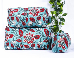 Lot de 3 étuis de maquillage matelassé bleu écologique grande capacité coton indien pour sacs fermeture à glissière pour les essentiels de voyage - Product Image 2