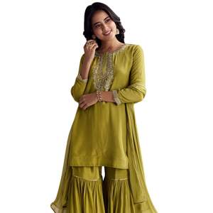 Costume Sharara brodé vert Zardosi et paillettes avec Dupatta pour femme, tenue de fête et de festival de mariage indien - Product Image 4