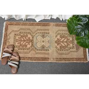 Tapis Vintage en Laine Turque 1.6X3.2 pieds Marron Beige Patchwork Design Grand Rectangle Latex pour Couloir Chambre Chevet Décor - Product Image 4