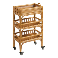 Nouveau chariot de rangement 3-en-1 en rotin à 3 niveaux, écologique et durable, pour salles de bain d'hôtels/motels, avec plateau à serviettes et outils de nettoyage