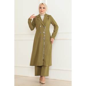 Conjunto de 2 Piezas con Cierre, Color Caqui MSW19219-4, Estilo Casual, Talla XS/XS, Top Largo por Encima de la Rodilla y Pantalones Cortos Midi con Detalle de Botones - Product Image 3