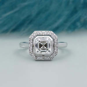 Asscher Cut <b>Diamond</b> Halo Engagement <b>Ring</b> in White Gold with Bezel Set <b>Diamond</b> <b>Rings</b> Product Category - Product Image 1