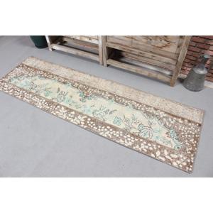 Vintage Turkish Runner Rug 2x6.8 ft, <b>Brown</b> Blue Floral <b>Wool</b> Rug - Product Image 2