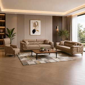 Ensemble de canapés Chesterfield modernes en tissu avec dossier capitonné et pieds en bois, meubles de salon pour appartement, style design contemporain, canapé-lit - Product Image 2