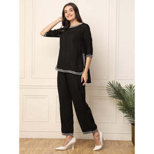 Deebaco Ensemble coordonné 2 pièces noir uni pour femme, col rond, manches 3/4, coupe ample, haut long décontracté avec pantalon, bordure perlée, toutes saisons - Product Image 3