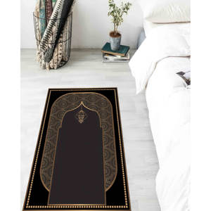 <b>Gold</b> & Black Islamic Prayer Rug: Elegant Muslim Rug,With Pile Soft Rug - Product Image 1