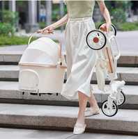 Poussette pour animaux de compagnie en cuir PU crème, chariot de transport pour chien et chat, pliable, 4 roues, poussette de voyage en plein air