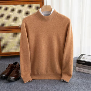 Nouvelle mode pour hommes 100% pull en laine col mi-haut couleur unie automne hiver pull en tricot chaud affaires décontracté Anti-rétrécissement - Product Image 2