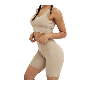 Women's High Quality Cotton Athletic Shorts Bra <b>Set</b> Solid Pattern Above Knee Gym Workout Yoga Fitness Two Piece Washed Technics - Product Image 1