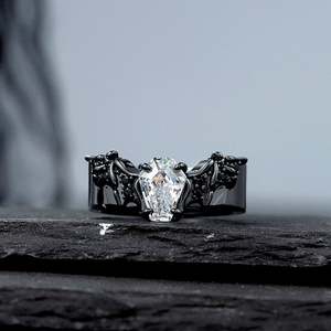 Jeulia Gothic Black Bat Coffin Cut <b>Ring</b> for Men-Gold Plated Copper Eternity Inlay - Product Image 4