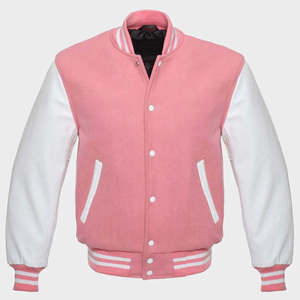 Corps en laine rose pour femmes de haute qualité avec manches en cuir blanc décontracté Letterman Baseball Varsity Jacket Plain Dyed Coated - Product Image 1