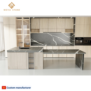 Encimera de cocina de cascada prefabricada NV880, precio de losa de cuarzo de 3cm por losa, encimeras de cuarzo gris Calacatta - Product Image 3