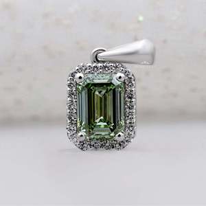 Green Fancy Intense Emerald Cut Certified IGI Lab Grown Diamond Halo <b>Pendant</b> 14K <b>Solid</b> <b>Gold</b> Elegant & Timeless Design - Product Image 1