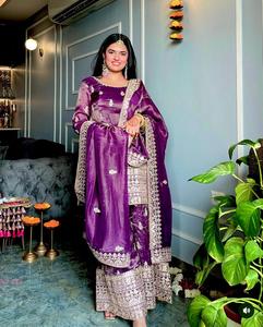 Broderie lourde séquence travail fantaisie Design femmes ensemble Chinon soie lourde séquence broderie travail haut et Sharara Dupatta - Product Image 2