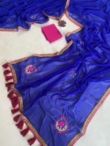 Último exclusivo trabajo hecho a mano pesado azul marino indio tradicional Sari Elegante ropa étnica para fiestas indio pakistaní - Product Image 2