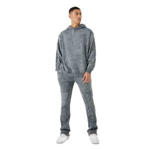 Mens Charcoal <b>Grey</b> <b>Acid</b>-<b>Wash</b> Graphic Print Hooded Sweatshirt and Matching Pants <b>Tracksuit</b> OEM ODM Wholesale Apparel - Product Image 1