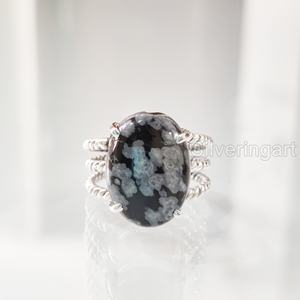 Women's Ring Natural Snowflake Obsidian Gemstone 3 Twisted <b>Band</b> Christmas <b>Wedding</b> Statement Jewelry 925 Sterling <b>Silver</b> Ring - Product Image 3