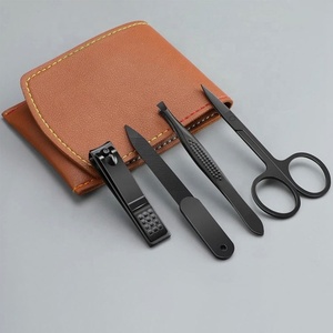 Wholesale Stainless Steel Black Coated Manicure Set <b>Nail</b> Clipper File Tweezer Scissors with Leather Pouch Grooming <b>Kit</b> - Product Image 1