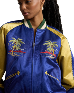 Women's Satin Varsity <b>Jacket</b> Blue Gold Embroidery Palm Tree Design Zipper Front Full Sleeve Autumn Wear - Product Image 5