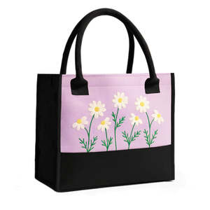 Purple Floral Embroidered <b>Canvas</b> <b>Tote</b> Bag Lightweight Eco-Friendly Daily Use Zipper Closure Custom Logo Washable Reusable - Product Image 1