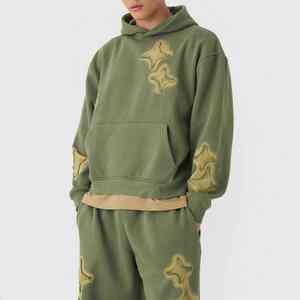 2026 Front And Back Embroidery Sleeve Printed Distressed Tracksuit Fleece Inner Lining Hood Attachable <b>Men</b> <b>Sweat</b> <b>Suit</b> - Product Image 4