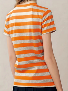 T-shirt décontracté à manches courtes pour femme, imprimé 3D personnalisable, rayures rouges et bleues vives, haut léger et respirant pour l'été - Product Image 4