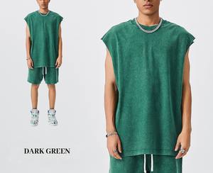 Conjunto de camisas y pantalones cortos de punto para hombre de MOQ bajo-100% de algodón Pantalones cortos casuales sueltos a juego con lavado ácido - Product Image 6