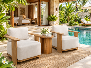 Conjunto de Sillones de Madera de Teca Sólida para Exteriores con Mesa Lateral, Muebles de Patio de Lujo para el Borde de la Piscina, Fabricante de Indonesia - Product Image 1