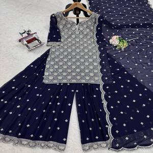 Conjunto de Plazo indio tradicional en Faux Georgette incluye Kurti, pantalón de cintura elástica y trabajo de corte de encaje Dupatta - Product Image 6