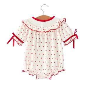 Combinaison pour filles à pois respirante en polyester/coton, col à volants mignon, manches courtes, douce et confortable, tenue d'été pour bébé, logo personnalisé - Product Image 2