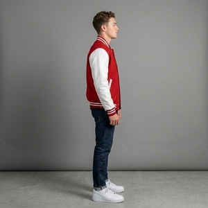 Prime <b>Red</b> White Letterman Jacket <b>Wool</b> Body Leather Sleeves Rib Knit Collar Cuffs Snap Front Custom Logo Streetwear Outerwear Set - Product Image 3