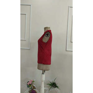 Women's Sleeveless Tulle Round Neck Deep V-Neck <b>Glitter</b> Blouse, 36067 - <b>Red</b> - Product Image 6