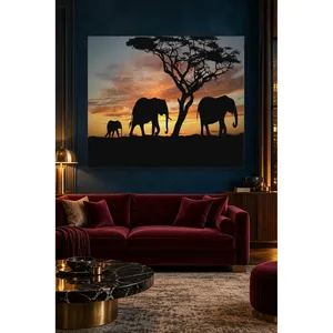 Silhouette de la famille d'éléphants Fida sous l'acacia, impression sur toile - Product Image 1